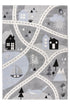 Kids rug with illustrated houses, trees, animals, and sailboat