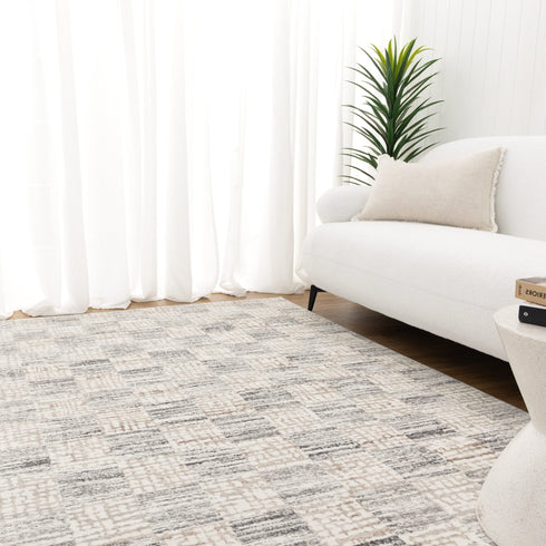 Jade Distressed Checkers Grey Beige Rug - JADE004 - Adore Rugs & Flooring