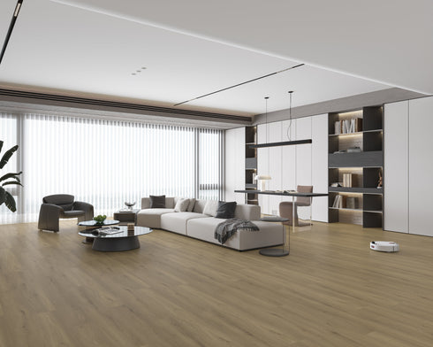 Open-plan lounge with a mid greige-tan laminate plank floor