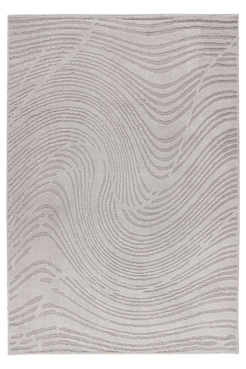 Light grey area rug with textured wavy concentric lines, inspired by natural patterns like sand dunes and topographic maps