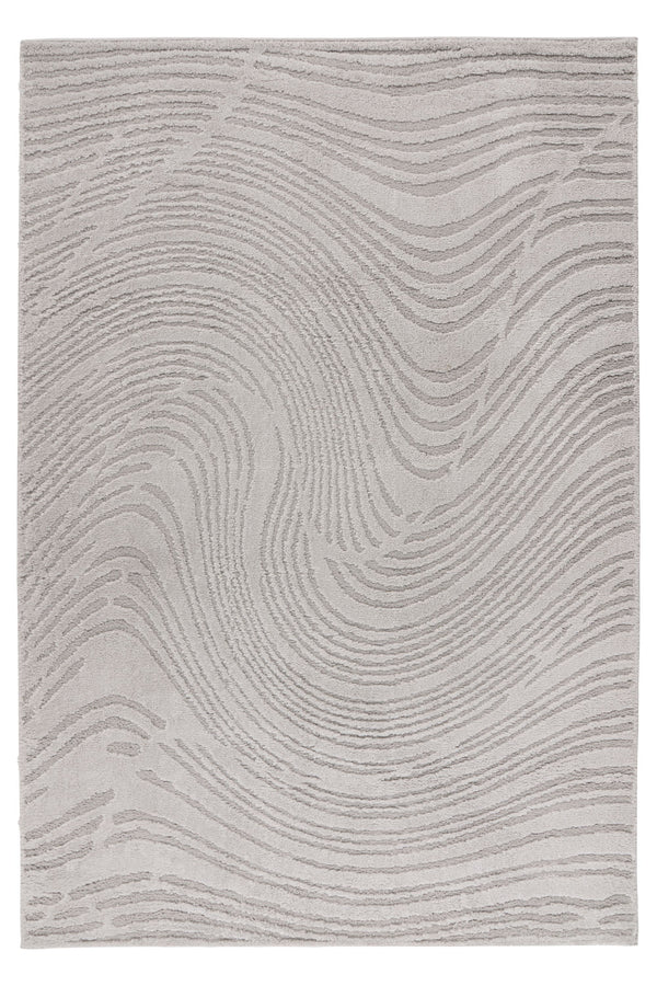 Light grey area rug with textured wavy concentric lines, inspired by natural patterns like sand dunes and topographic maps