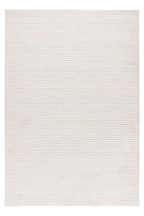 Soft ivory area rug with horizontal ribbed texture and subtle striped design, perfect for minimalist and modern interiors.