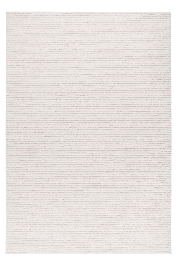 Soft ivory area rug with horizontal ribbed texture and subtle striped design, perfect for minimalist and modern interiors.