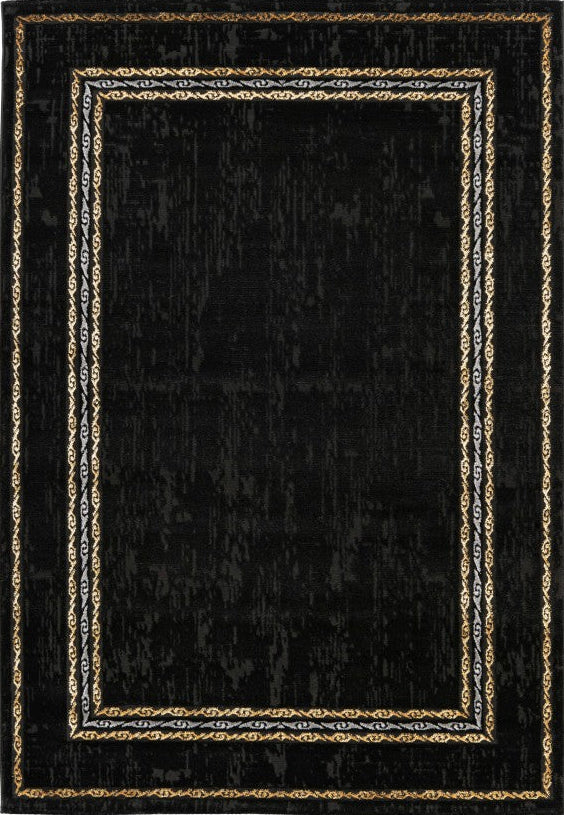 Marmaris 404 black rug with gold border, full view