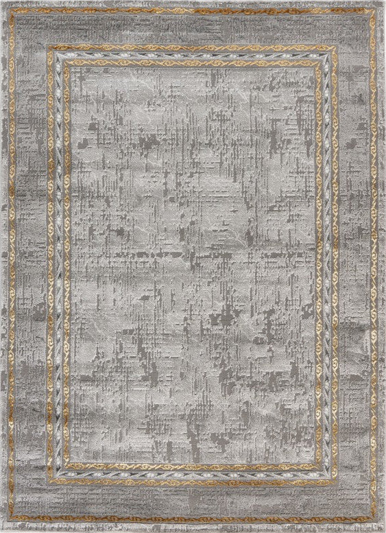 Marmaris 404 Grey rug with Gold Border, full view