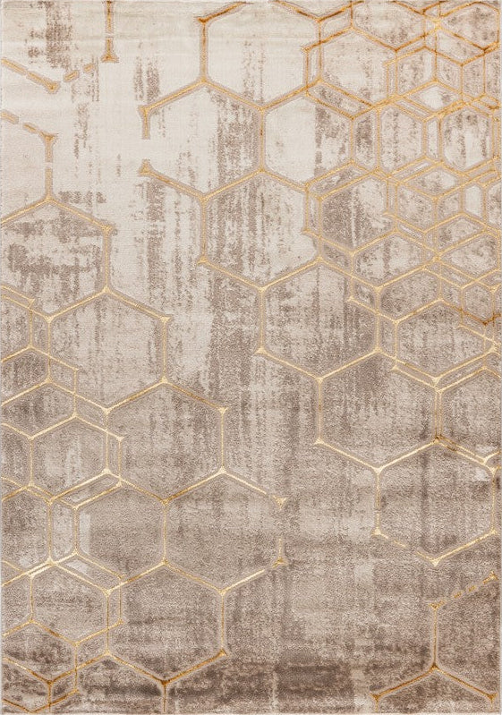 Marmaris 405 beige rug with gold geometric pattern, full view
