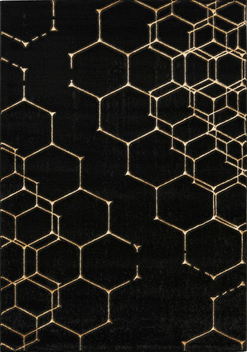 Marmaris 405 Black Rug with Gold Geometric Pattern, full view