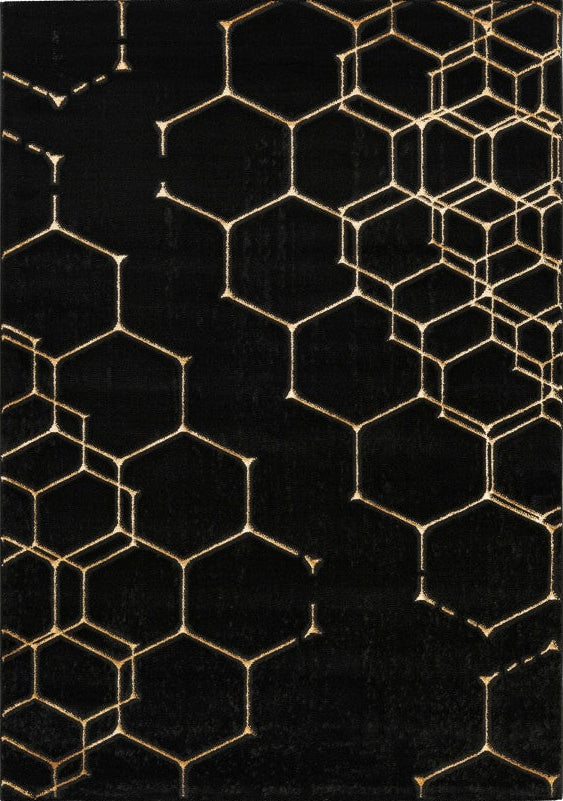 Marmaris 405 Black Rug with Gold Geometric Pattern, full view