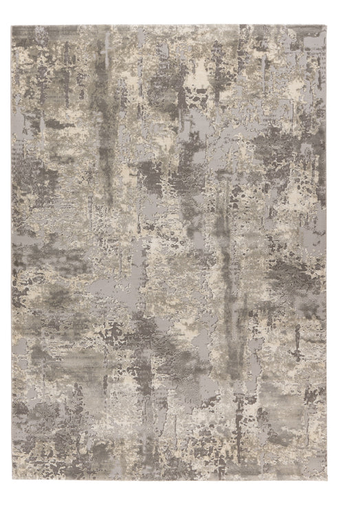 Abstract area rug with distressed stone-like pattern in grey and beige