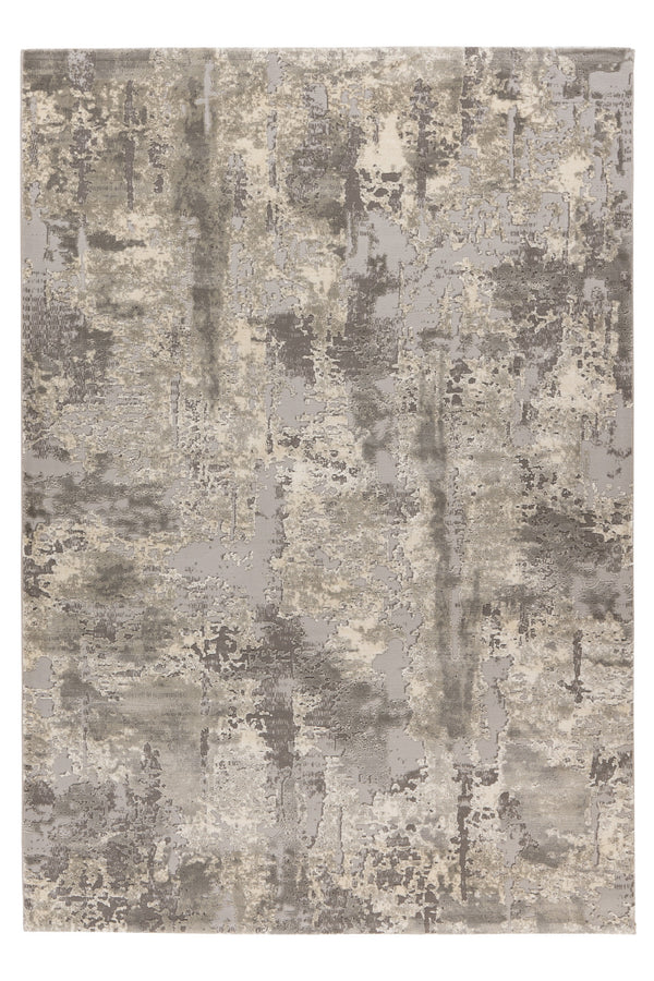 Abstract area rug with distressed stone-like pattern in grey and beige