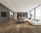 A mid grey-brown hybrid plank floor with a smoky taupe cast in an apartment lounge