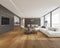 A warm amber orange-brown hybrid plank floor with board-to-board variation in an apartment lounge