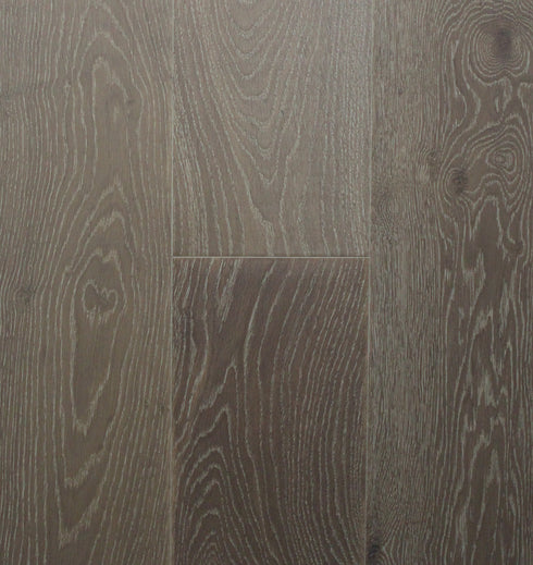 Swish Oak Natura Oyster Grey engineered oak flooring swatch showing a mid to dark warm mushroom grey with pronounced wire-brushed grain