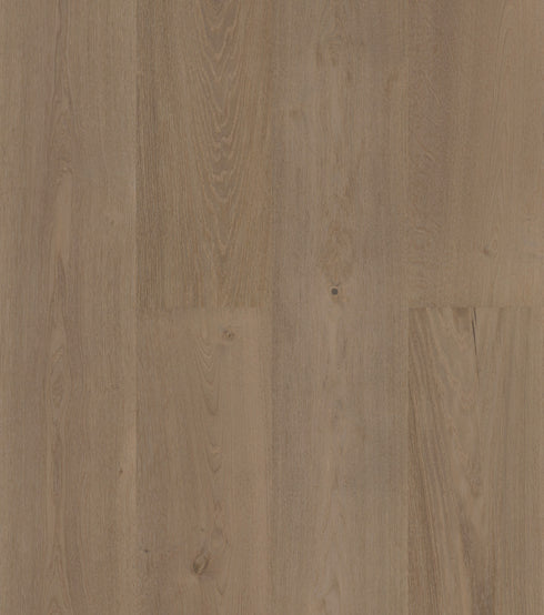 Swish Oak Natura Handcrafted Misty Quartz engineered oak flooring swatch showing a mid grey-taupe mushroom tone with a cool green-grey cast