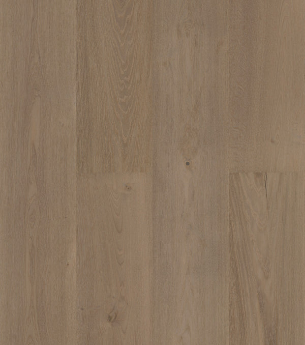 Swish Oak Natura Handcrafted Misty Quartz engineered oak flooring swatch showing a mid grey-taupe mushroom tone with a cool green-grey cast