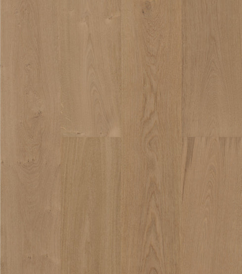 Swish Oak Natura Handcrafted Sunlit Sienna engineered oak flooring swatch showing a soft warm blush-tan biscuit oak with a faint apricot undertone
