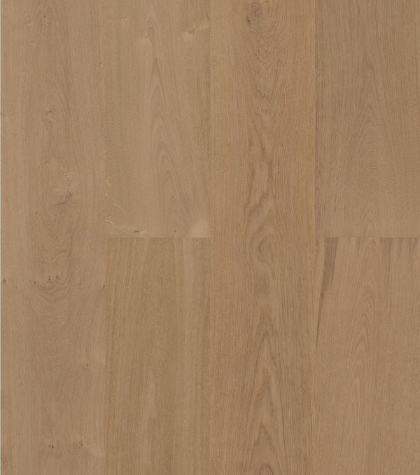 Swish Oak Natura Handcrafted Sunlit Sienna engineered oak flooring swatch showing a soft warm blush-tan biscuit oak with a faint apricot undertone