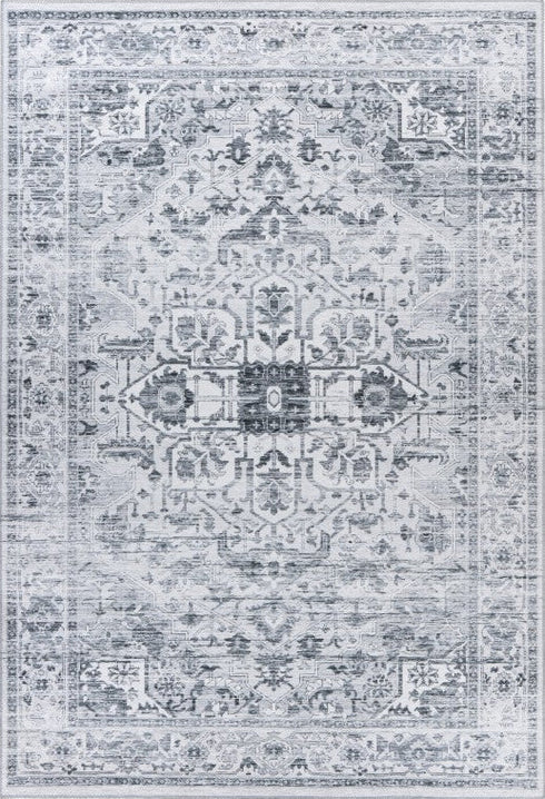 Soho 401 Silver Grey Machine Washable Rug with Floral Medallion, full view