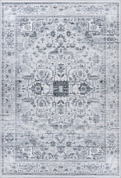 Soho 401 Silver Grey Machine Washable Rug with Floral Medallion, full view