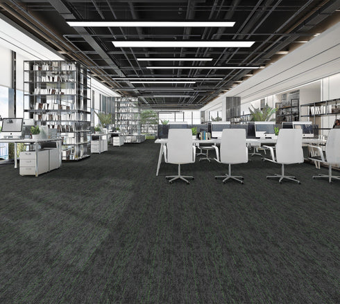 Office floor of charcoal carpet plank tiles with muted teal green-grey accents