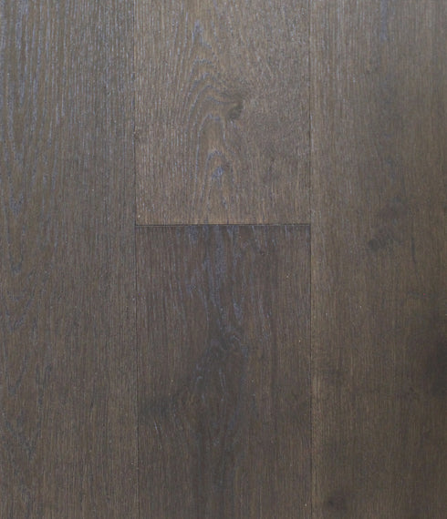 Swish Oak Natura French Carbon engineered oak flooring swatch showing deep charcoal grey with a brown undertone and smoked near-black boards
