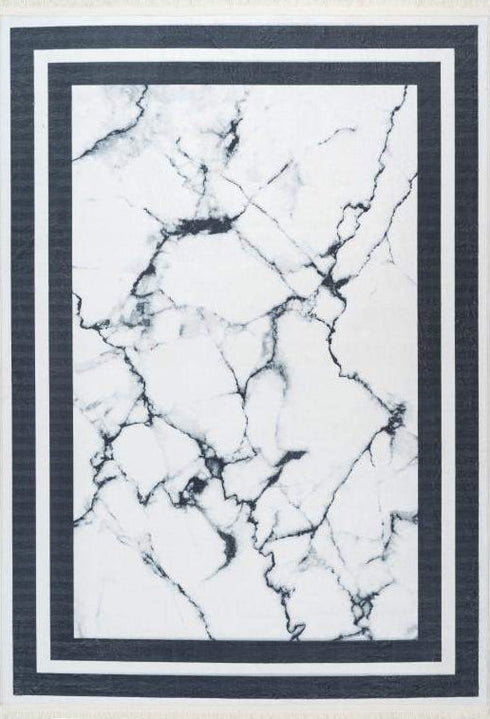 Peri 203 Silver White Machine Washable Marble Rug With Border 1, full view