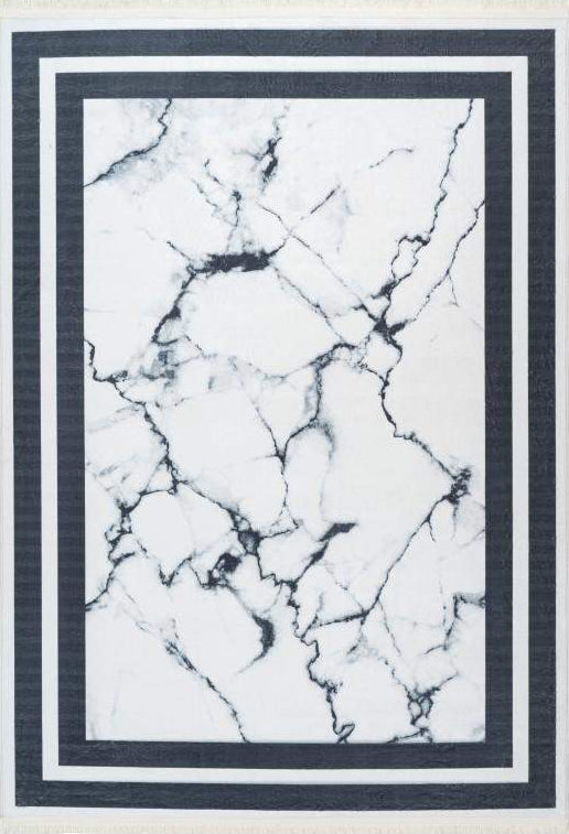 Peri 203 Silver White Machine Washable Marble Rug With Border 1, full view