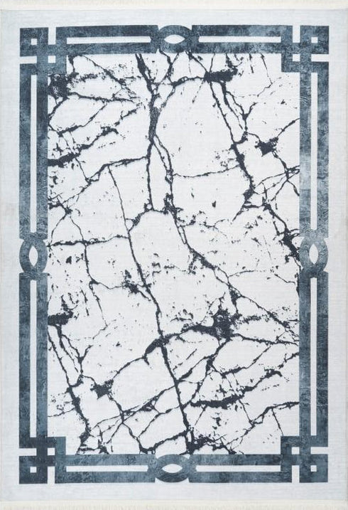 Peri 204 Silver Blue Machine Washable Marble Rug With Border, full view