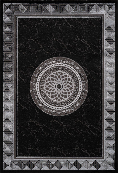Aura 776 Modern Black Rug with Border and Medallion, full view