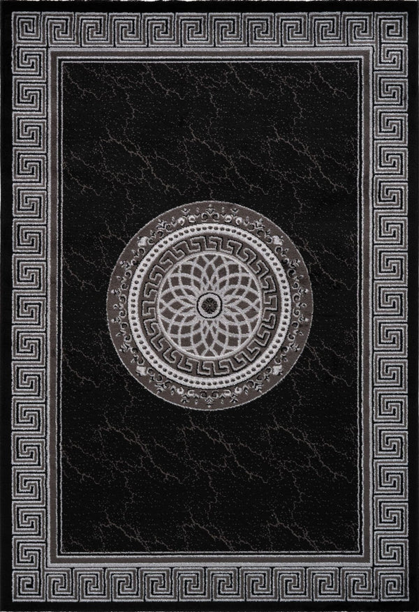 Aura 776 Modern Black Rug with Border and Medallion, full view