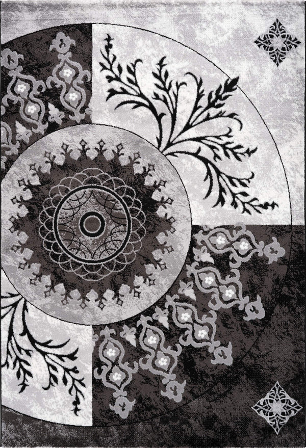 Aura 779 Black and Silver Rug with Circular Floral Design, full view