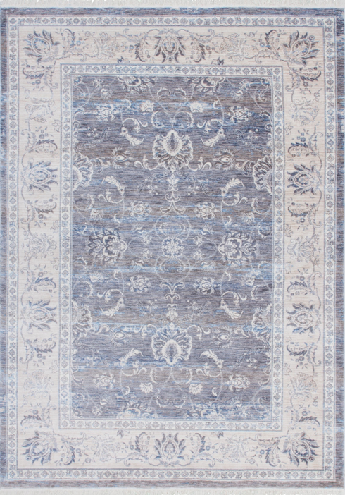 Vintage 700 Faded Grey Floral Rug with Border, full view