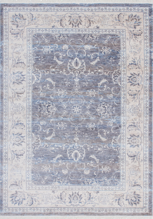 Vintage 700 Faded Grey Floral Rug with Border, full view