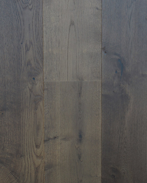 Swish Oak Wideboard Urban Antique Oak engineered oak flooring swatch showing dark smoky blue-grey charcoal boards with large knots and filled character