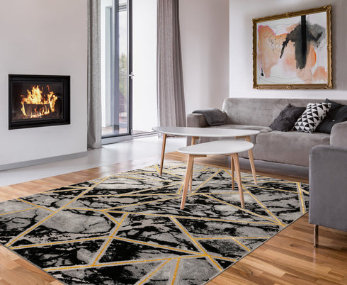 Black and Gold geometric rug with Glass pattern
