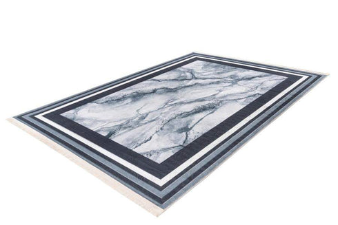 Peri 202 Silver White Machine Washable Marble Rug With Border - ADORE RUGS and FLOORING