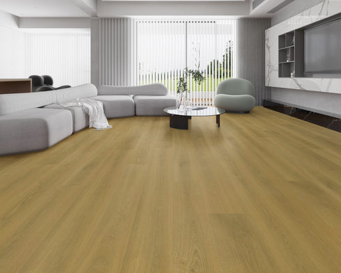 Lounge room laid with mid golden honey vinyl plank flooring
