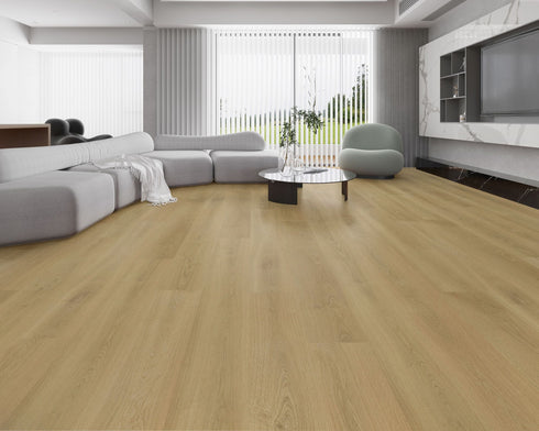 Lounge room laid with light sandy oak vinyl plank flooring