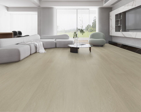 Lounge room laid with pale grey-beige whitewashed vinyl plank flooring
