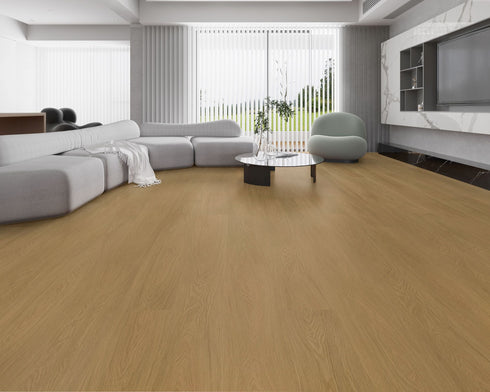 Lounge room laid with mid golden tan vinyl plank flooring