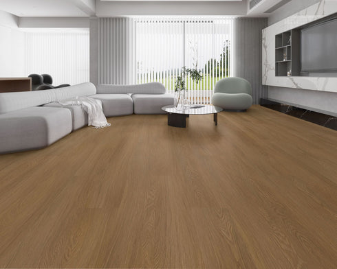 Lounge room laid with warm caramel brown vinyl plank flooring