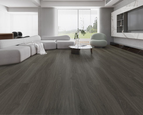 Lounge room laid with dark charcoal grey vinyl plank flooring