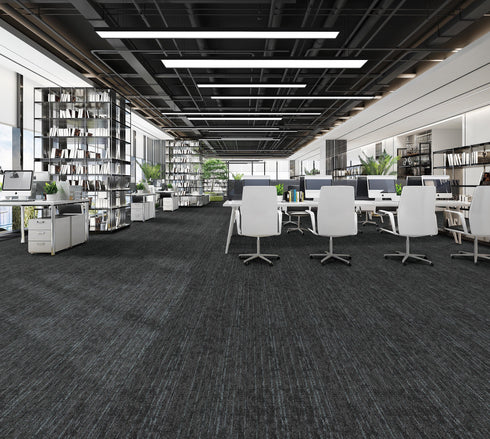 Office floor of charcoal plank tiles with pale grey and light blue-grey streaks