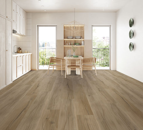 A mid greige-brown taupe hybrid plank floor with darker grain lines in a dining room with timber chairs