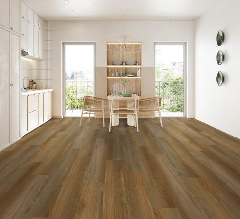 A mid to dark brown hybrid plank floor with strong board variation in a dining room with timber chairs