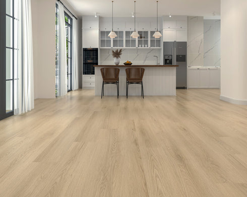 Kitchen with a golden sandy oak laminate plank floor