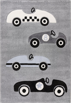 Happy 309 Silver - Plush Kids Rug with Stylized Race Car Design in Grey