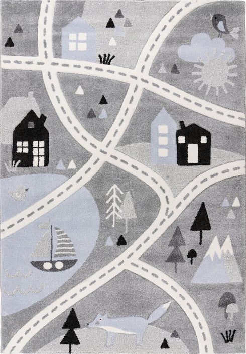 Happy 310 - Grey Kids Rug with Scenic Adventure Design, full view