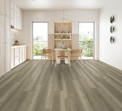 A mid taupe-grey hybrid plank floor with streaks in a dining room with timber chairs