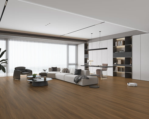 Open-plan lounge with a mid brown laminate plank floor